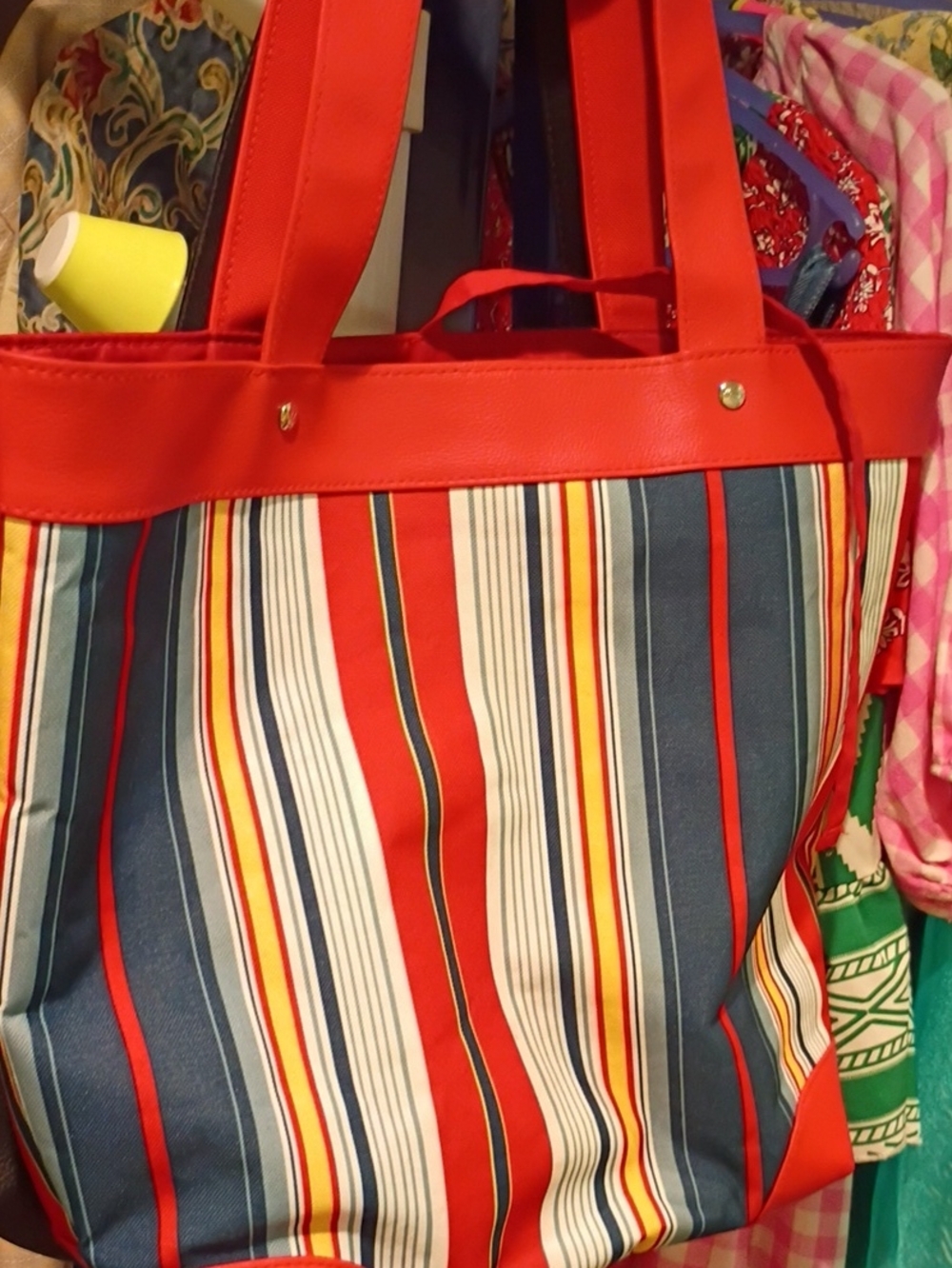 Red Striped Tote Bag with Navy and White Accents